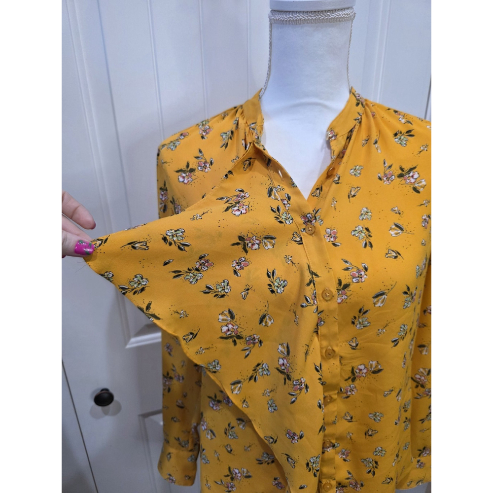 Lauren Ralph Lauren Yellow Floral Ruffle Blouse Button Front Long Sleeve Size S - Picture 10 of 12